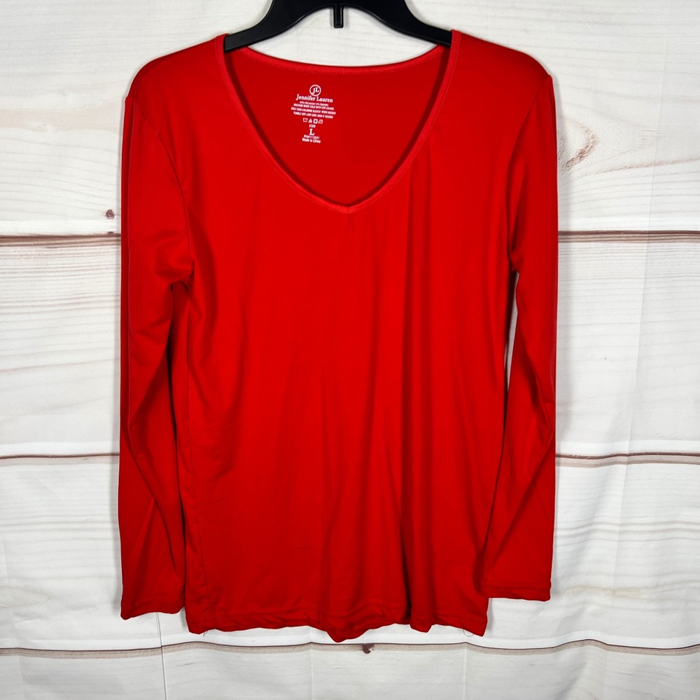 Jennifer Lauren V-Neck Top Womens Large Red Solid Long Sleeve Stretch Layering